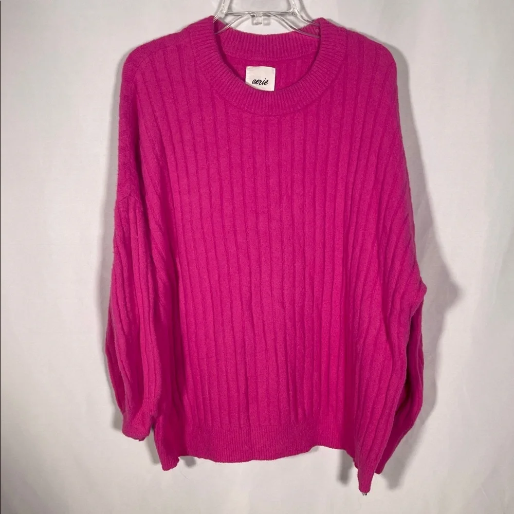 AERIE WOMENS SOFT BUTTERCREAM COSMIC PINK RIBBED SWEATER OVERSIZED LARGE - Picture 2 of 5